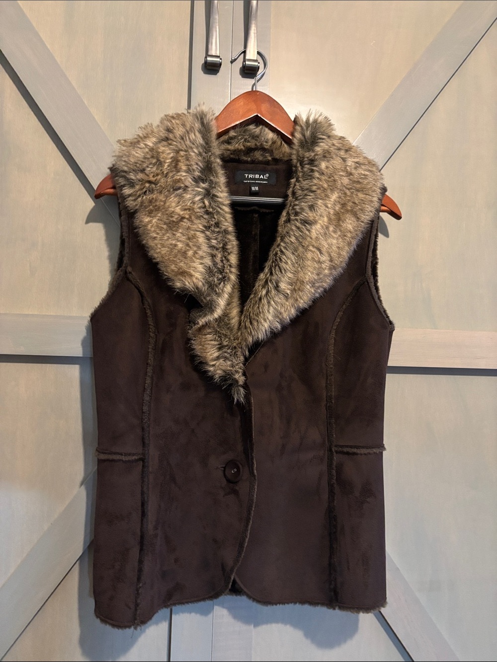 Tribal Brown Suede-Look Vest with Faux Fur Collar